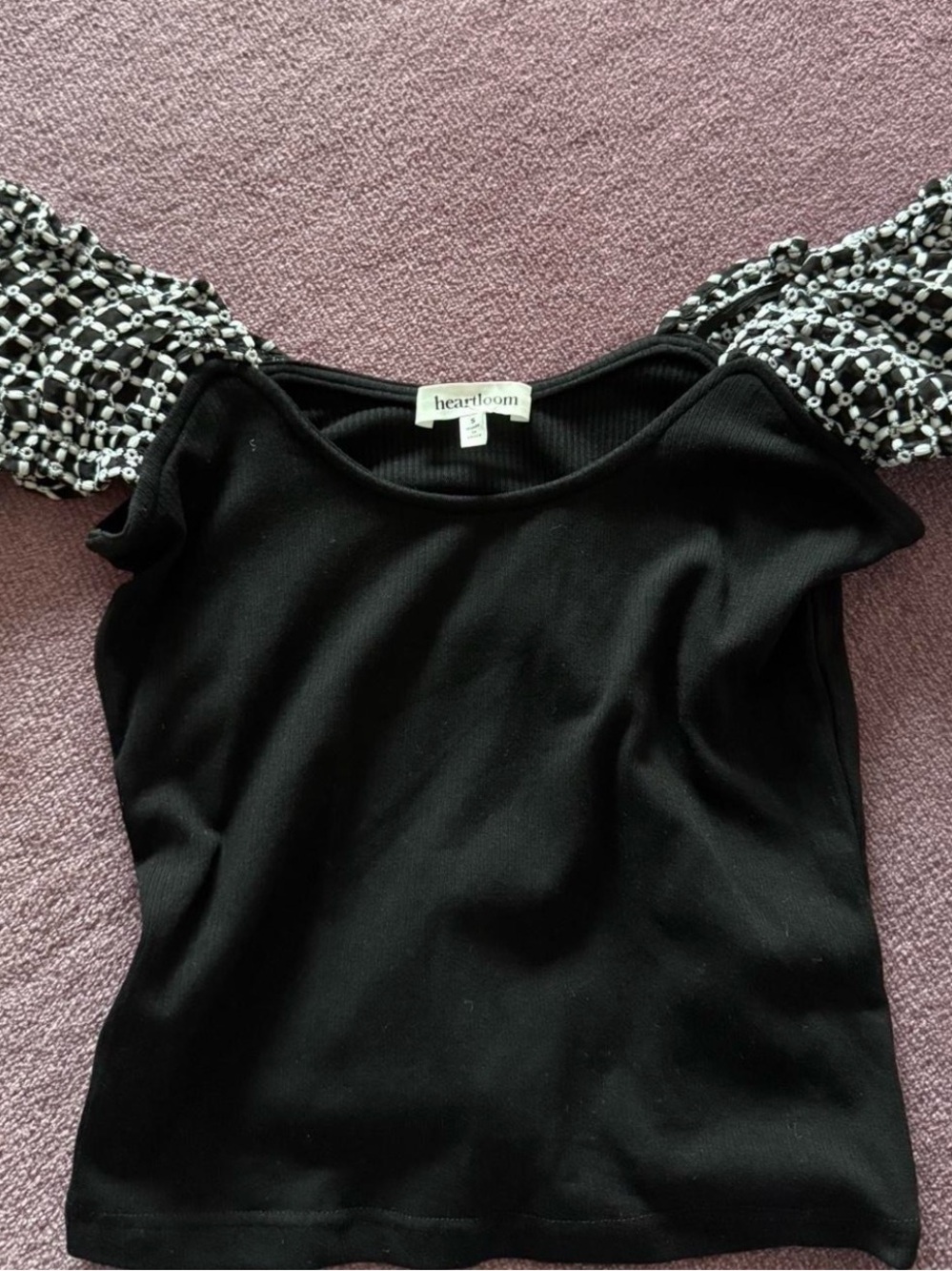 Heartloom Black Knit Crop Top with Patterned Puff Sleeves